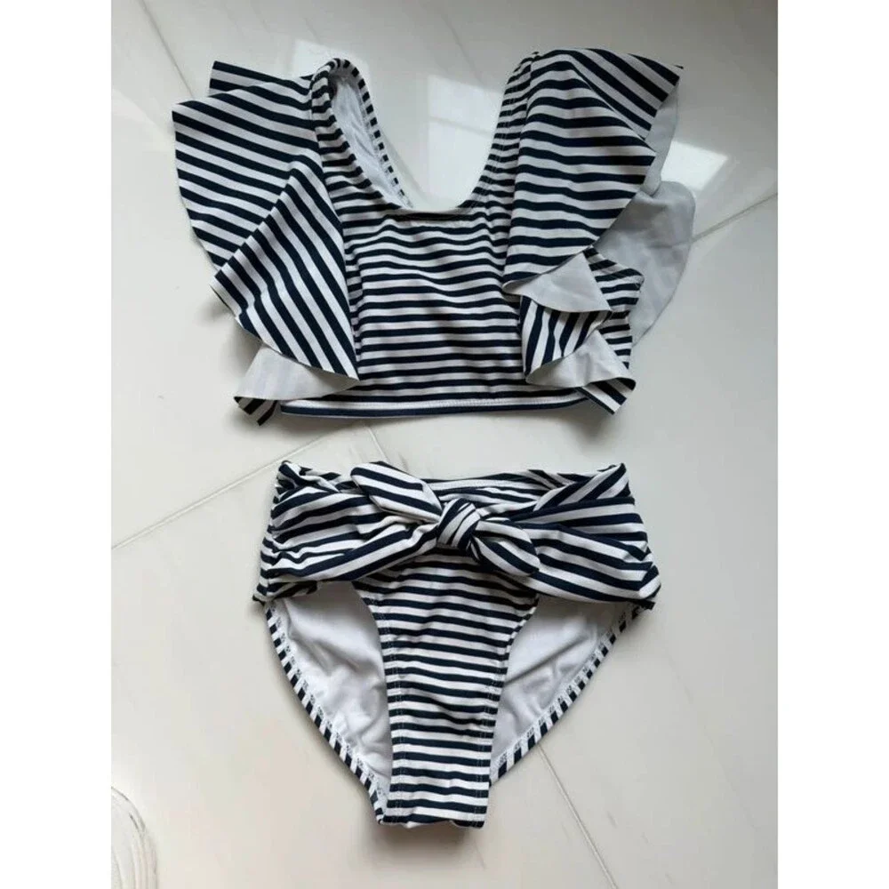 Habitual Girls Navy striped bow bikini swimsuit size 10